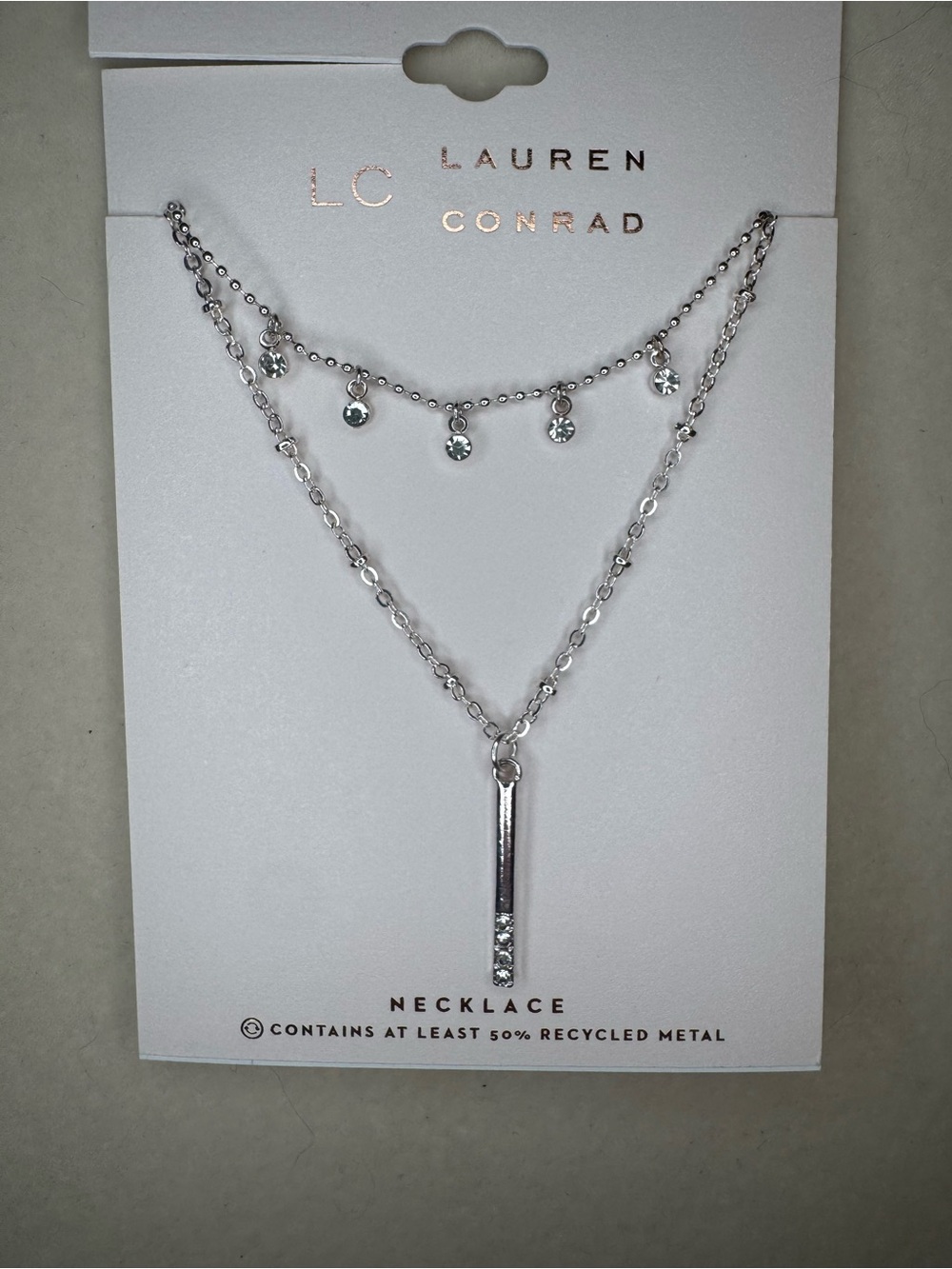 NWT LC Lauren Conrad Silver Layered Necklace with Crystal Drops